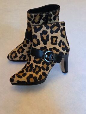Vaneli Leopard Print Calf Hair Ankle Booties with Black Buckle